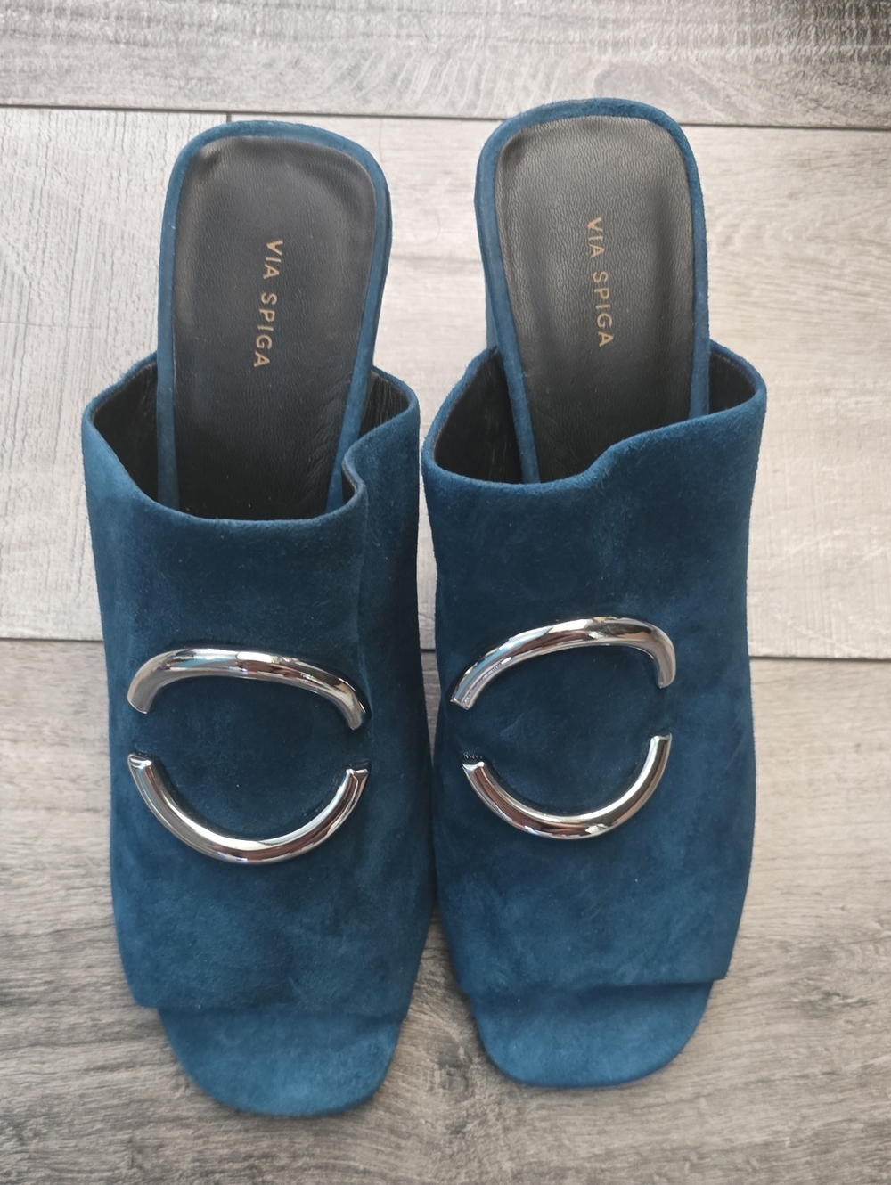 Via Spiga Blue Teal Suede Slide Mules with Silver Hardware